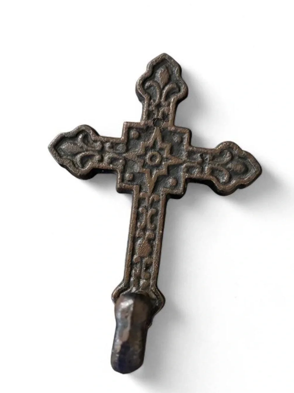 Cast Iron Ornate Cross Wall Hook - Fleur-de-Lis & Star Design Rustic Hanger